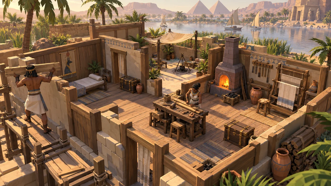 Arte conceptual de una base egipcia con construcciones y estaciones de trabajo