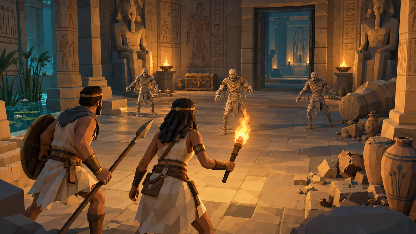 Arte conceptual de una expedición entre las cámaras y los guardianes de un templo egipcio