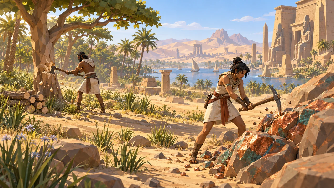 Arte conceptual de aventureros recolectando recursos en un paisaje egipcio