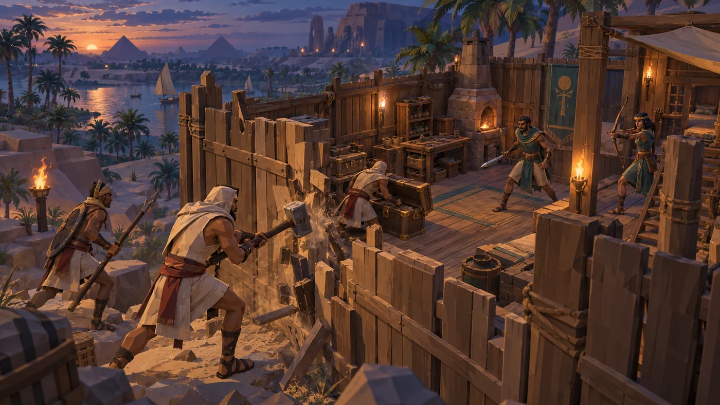 Arte conceptual de una incursión de jugadores contra los muros y cofres de una base rival